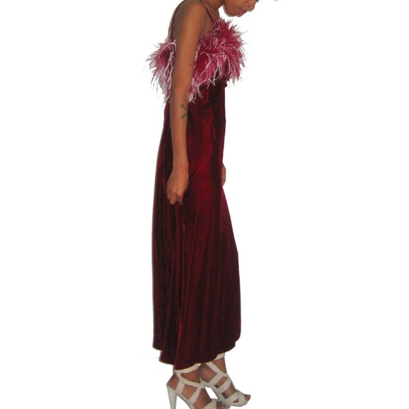 SOLD Vintage Rare Feather Boa Burgundy White Strappy Velvet Long Dress - Picture 2 of 4
